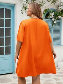 SHEIN CURVE+ New Elegant Casual/Business Casual Women's Short Sleeve Chiffon Shirt Dress, V-Neck Loose Ruffle Mid-Length Plus Size T-Shirt Vacation Black - Orange - View 2