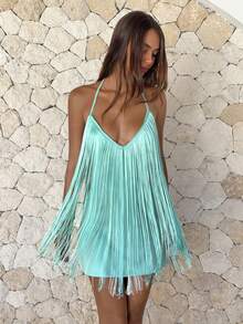 Aloruh Women's Spring/Summer Spaghetti Strap Deep V Neck Fringe Decor Asymmetrical Hem Mini Dress Party Teal Blue,Graduation Dress - Mint Blue - View 4