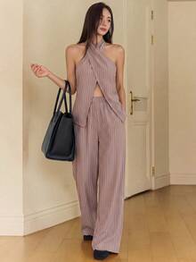 DAZY 2 piezas Conjunto informal de mujer con top halter sin espalda a rayas y pantalones, conjunto de ropa de descanso para mujer en verano - Óxido marrón - Ver 3