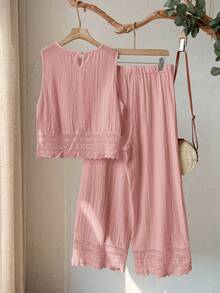 Rusticease Plus Size Women's Casual Vacation Pink Lace Patchwork Sleeveless Top And Pants 2 Piece Set, Summer Vacation - Pink - View 2