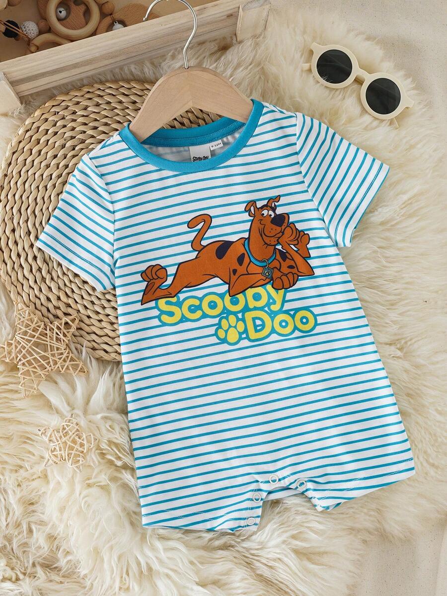 SCOOBY-DOO X SHEIN Áo liền quần tay ngắn in chữ hoạt hình và sọc cho bé trai mùa hè, kiểu dáng thường ngày. - màu xanh lá - Xem 1