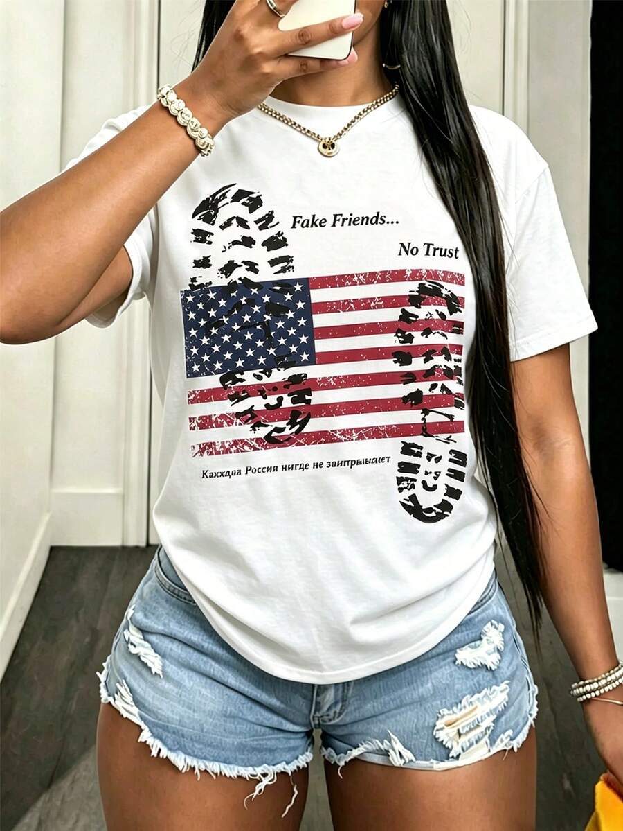 BamGleam 修身女士休闲美国国旗印花短袖T恤 - 白色 - 查看 1