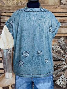 Linhara CURVE Áo kiểu nữ denim họa tiết casual, áo top đi chơi nông thôn mùa xuân/hè - Màu xanh lam - Xem 2