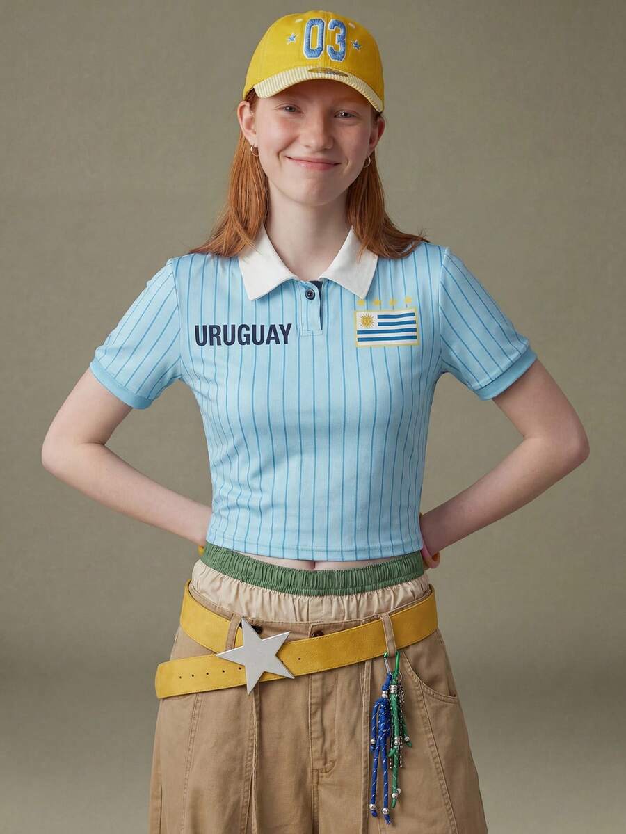 Elnivra 2026 Football World Cup Uruguay Soccer Jersey Style Women's Cropped T-Shirt, Retro Striped Sky Blue Football Fan Top, Team Uruguay Supporter, In USA–Canada–Mexico - Baby Blue - View 1