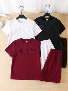 SHEIN 6件套男童休闲宽松字母图案圆领T恤短裤套装，适合通勤、上学、日常穿着、运动、春夏穿着。 - 紅色 - 查看 4