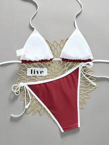 ROMWE Street Life Bộ bikini hai mảnh gợi cảm in chữ, kiểu cổ yếm, thích hợp cho mùa hè đi biển, dành cho nữ. - Nhiều màu - Xem 3