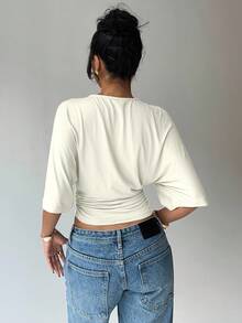 Aloruh Women's Solid Color Round Neck Batwing Sleeve Ruched Design Cropped Fashionable Top,Summer Top - Apricot - View 2