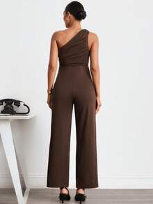 MaterniWear Maternity Solid Color Pleated Asymmetric Neckline Elegant Sleeveless Jumpsuit Baby Shower Photoshoot Summer Maternity Photoshoot - Brown - View 8