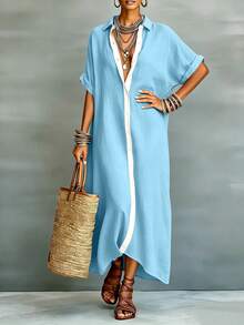 Balvessa Women's Linen-Like Loose Patchwork Long Casual Dress - Sky Blue - View 4