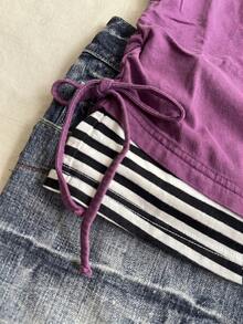 INAWLY 2-In-1 Cinched Waist Women Slogan Striped Short Sleeve T-Shirt - Purple - View 5