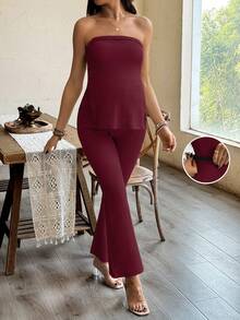 SHEIN 2pcs Maternity Solid Color Tube Top & Split Leg Pants Set - Burgundy - View 3