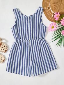 SHEIN Tween Girls' Casual Loose Striped Jumpsuit, Suitable For Daily, Vacation, Beach - Blue - View 2