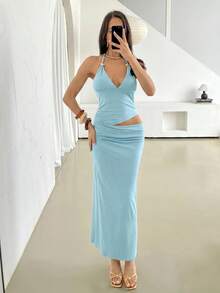 Firerie 女士优雅春夏浪漫性感派对音乐节度假V领金属装饰露背吊带露腰镂空修身酒红色长裙 - 藍色 - 查看 6