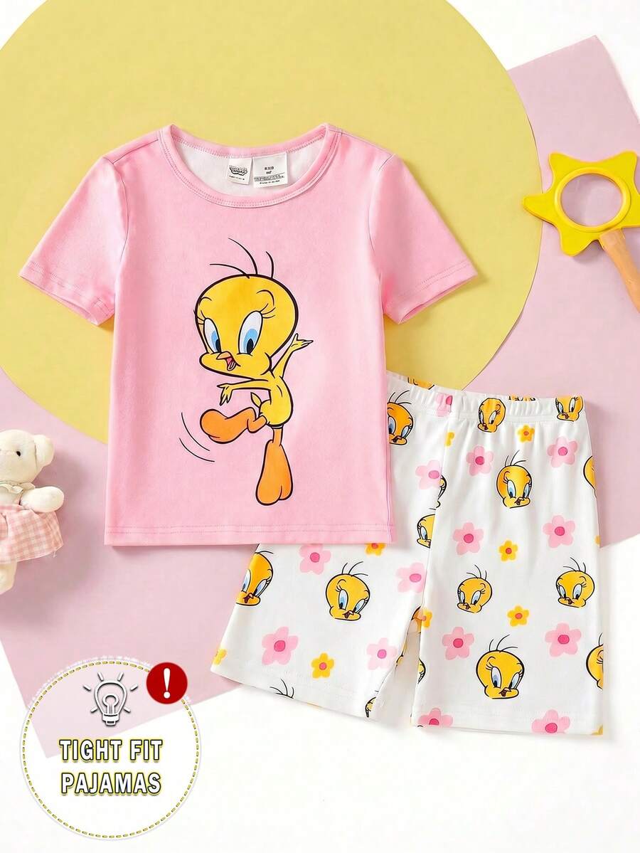 LOONEY TUNES X SHEIN GraphicGems 少女 Tweety Bird 圖案貼身短袖短褲睡衣套裝，春/夏 - 粉色 - 查看 1