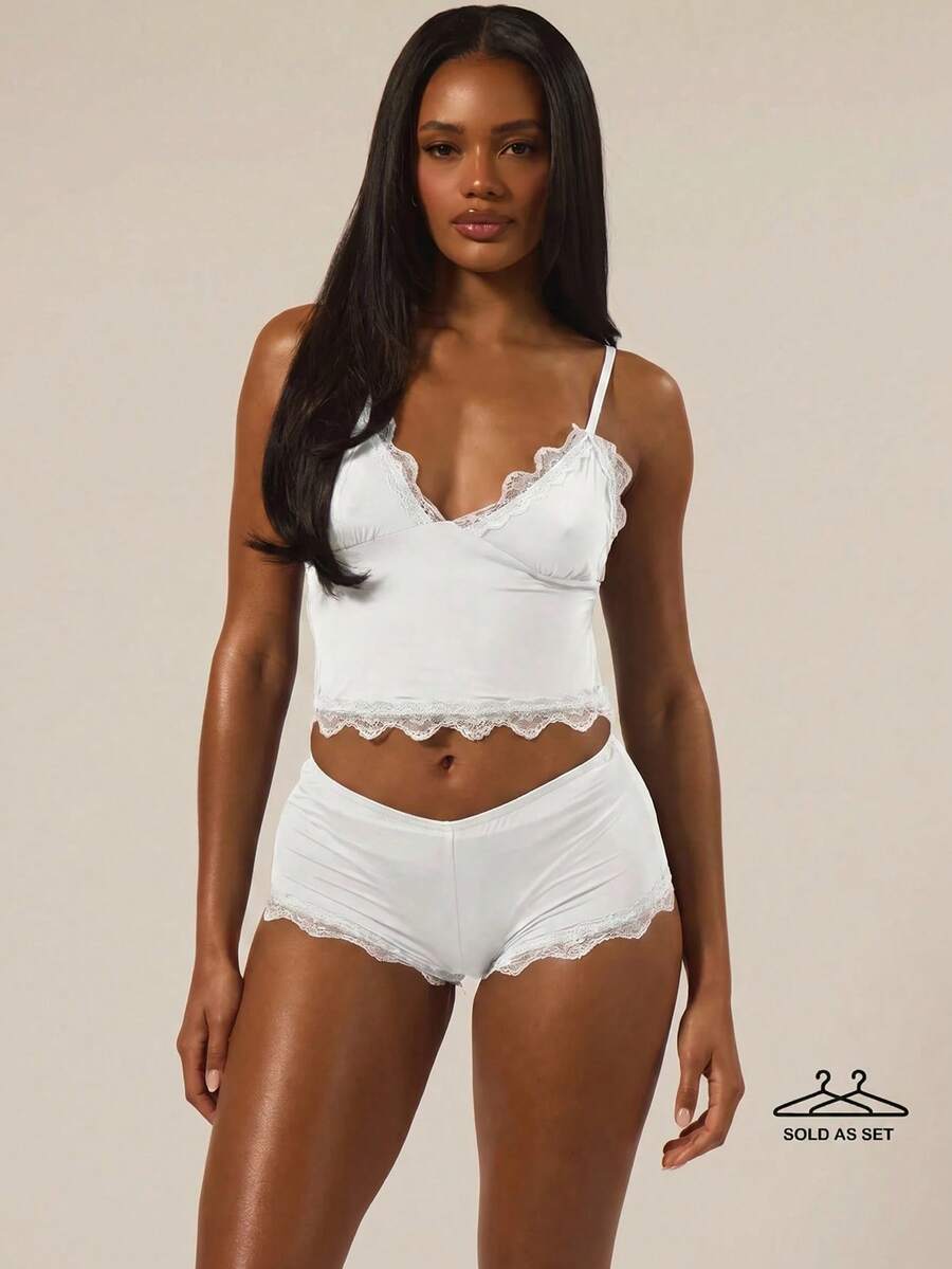 MUSERA Set Pakaian Dalam Rumah Elegan Musim Panas Warna Putih, Atasan Cami Berpotongan Segitiga dengan Hiasan Renda dan Tali Bahu yang Dapat Diatur, serta Celana Pendek Boxer Pas Badan, Set Multipack, Pakaian Dalam Santai yang Nyaman - Putih - View 1