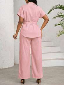 SHEIN Lady Women's Dusty Pink Two Piece Outfit Short Sleeve Collared Button-Up Top With Tie Waist And Wide Leg Pants Set,Summer Outfits For Women Office Casual - Pink - View 2