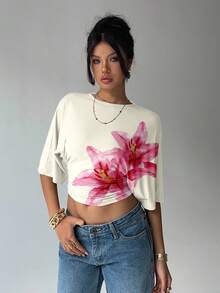 Aloruh Women's Solid Color Round Neck Batwing Sleeve Ruched Design Cropped Fashionable Top,Summer Top - Apricot - View 6