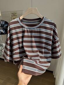 Comfortcana Áo thun ngắn tay casual size lớn thêu hoa 3D, giặt mài, xuân/hè - màu nâu - Xem 10
