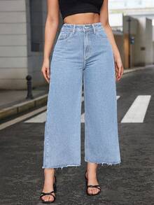 SHEIN ICON 大码女式休闲毛边直筒牛仔裤 - 淺色水洗藍 - 查看 8
