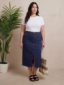 ELLERISSA Plus Size Dark Wash Denim Pencil Skirt With Front Split - Dark Wash - View 4