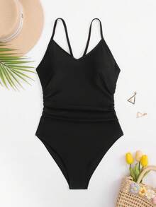 Swim Basics 女士夏季度假沙滩纯色修身褶皱吊带连体泳衣 - 黑色 - 查看 6