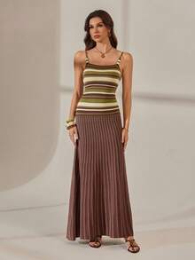 SHEIN Tall Đầm hai dây dệt kim kẻ sọc dành cho nữ với dây đeo vai đính hạt - Đầm hè thanh lịch chất liệu len pha cho kỳ nghỉ và đi làm văn phòng. - Màu xanh Ô liu - Xem 6