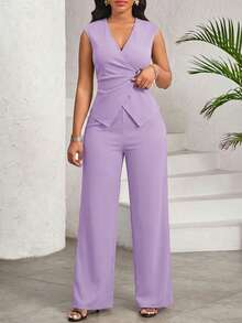 SHEIN Lady Bộ đồ nữ thanh lịch 2 mảnh gồm áo cổ chữ V xếp ly và quần dài, màu tím. - Màu tím - Xem 5