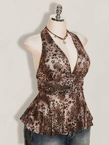 SHEIN ICON Plus Size Women's Chocolate Brown Summer 70's Leopard Print Top Y2K 80s 90s Retro Deep V Halter Neck Waist Gathered Loose Hem Night Brunch Party - Multicolor - View 9