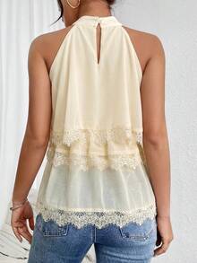 Firerie Halter Neck Ruffled Cake Chiffon Lace Hem Blouse Beach Vacation, Summer Holiday, Tropical, Resort Wear, - Apricot - View 9