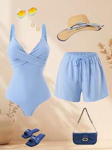 Swim Oasis 2026新款春夏女士两件式泳衣带裙，特殊面料沙滩度假优雅休闲泳装套装 - 藍色 - 查看 1