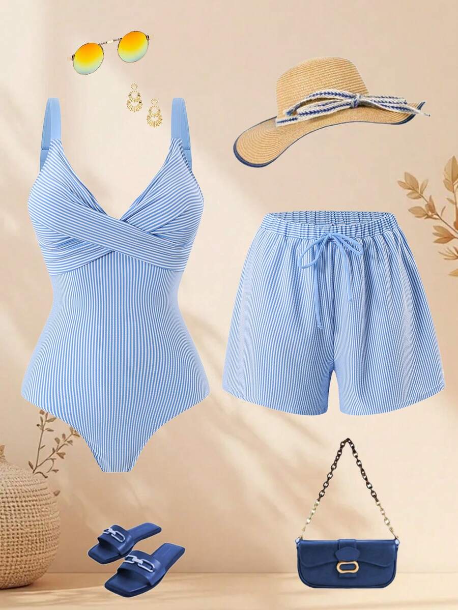 Swim Oasis 2026新款春夏女士两件式泳衣带裙,特殊面料沙滩度假优雅休闲泳装套装 - 藍色 - 查看 1