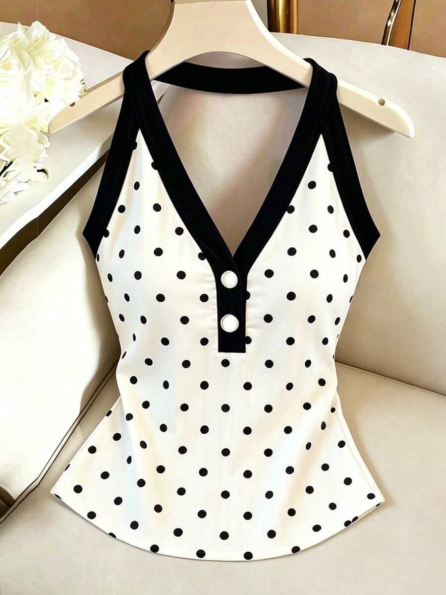 Qadelle Áo tank top nữ mùa hè chấm bi đen trắng phối màu tương phản, cổ chữ V, kiểu yếm, thắt eo, thanh lịch và quyến rũ cho Ngày Valentine, Lễ Phục Sinh, Ngày Lao động, Sinh nhật, Hẹn hò, Tiệc tùng, Dịp trang trọng, Trang phục giáo viên, Phong cách năng động, Du lịch, Phong cách đường phố, Mùa hè, Mùa xuân, món đồ thời trang thiết yếu mới, thiết kế độc đáo, áo camisole yếm đa năng - Đen và trắng - Xem 1