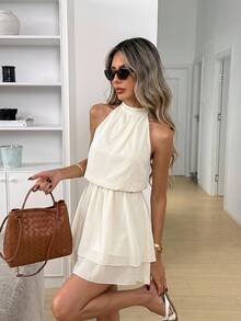 Easowa Vestido mini elegante de unicolor con cuello halter para mujer, de verano - Albaricoque - Ver 1