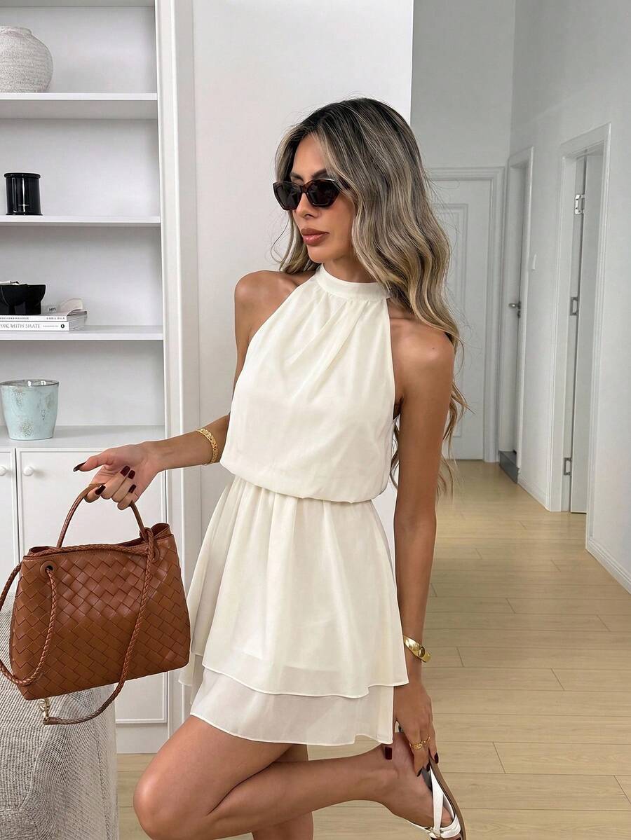 Easowa Vestido mini elegante de unicolor con cuello halter para mujer, de verano - Albaricoque - Ver 1