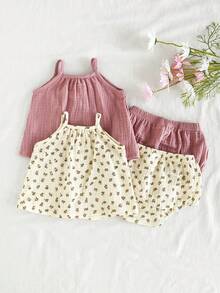 Vintaside Kids Conjunto de Regata e Shorts Triângulo Casual Sólido Rosa e Damasco para Recém-Nascidos, Adequado para Uso Casual e Fotografia - Multicolorido - Visão 3
