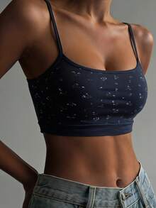 Livesso Summer Sexy Ditsy Floral Camisole Top With Built-In Padded Bra For Women - Navy Blue - View 10