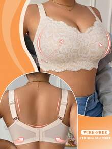 SHEIN Thin Full Coverage Lace Adjustable Lift & Support Wireless Bra, Comfortable Minimalist Plus Size Lingerie - Apricot - View 6