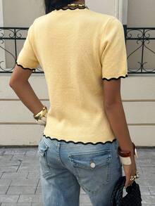 Siren Gaze Women's Minimalist Casual Commuter Contrast Trim Front Button Short Sleeve Thin Cardigan - Yellow - View 2