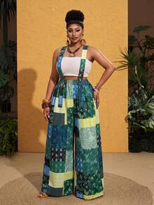 Maweii Plus Size Women Retro Patchwork Print Jumpsuit - Green - View 5