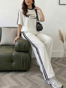 Solavon Nuevo conjunto informal de camiseta y pantalones de ajuste holgado con ribete de contraste negro, uso diario cómodo - Blanco - Ver 1