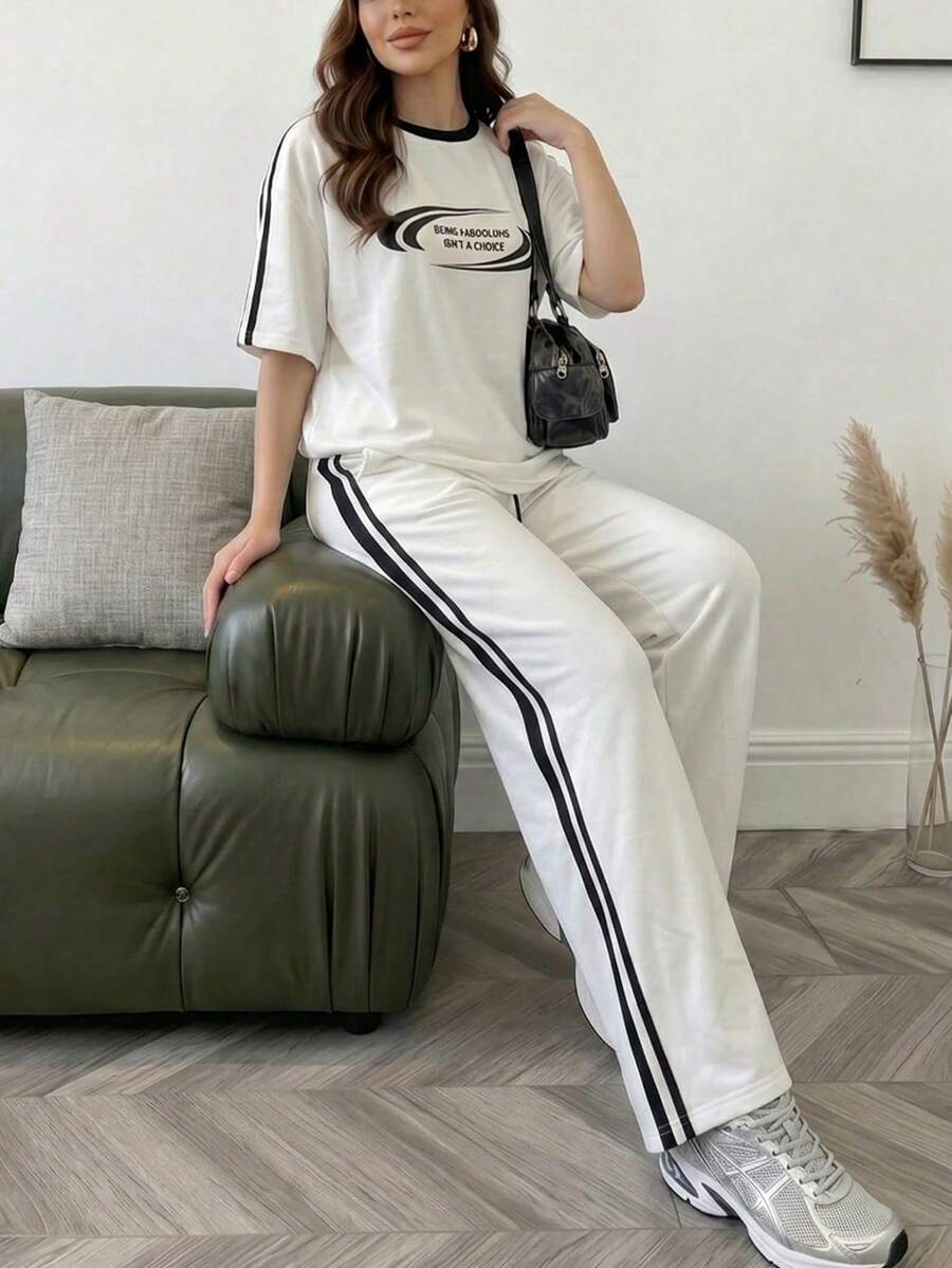 Solavon Nuevo conjunto informal de camiseta y pantalones de ajuste holgado con ribete de contraste negro, uso diario cómodo - Blanco - Ver 1