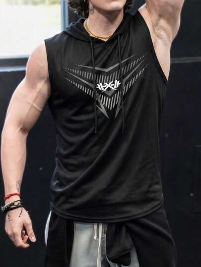 GymBeat Áo tank top thể thao nam kẻ sọc có mũ trùm đầu, đa năng và tối giản.