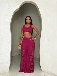 SHEIN BamGlam Women's Solid Color Hollow Out Casual Versatile Wide Leg Pants For Daily Wear - Hot Pink - View 6