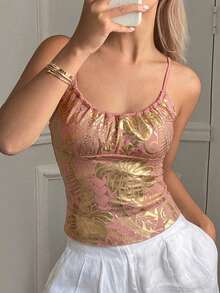 Livesso Áo camisole ôm sát cổ tròn in họa tiết lá cây thời trang mùa hè dành cho nữ. - Bụi hồng - Xem 8