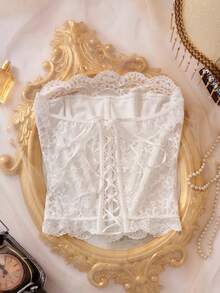 Myrelith Lace Eyelet Ribbon Tie Fishbone Bandeau Bra - White - View 7