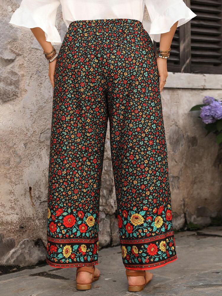Plus Size Women Ditsy Floral Loose Casual Pants Summer Outfit For Festival Outfits Beach Vacation Holiday Country Concert