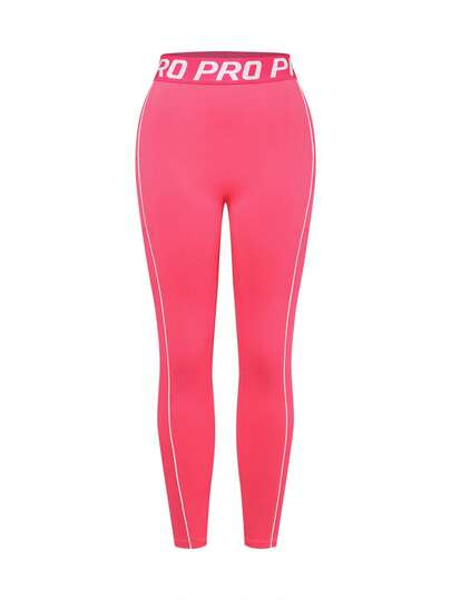 SHEIN Core Rhythm 女士多巴胺系列运动紧身裤，腰部拼接设计，运动标语，高弹力橡筋，侧边撞色织带，七分裤长，紧身剪裁，适合日常休闲穿着、跑步、瑜伽、健身、网球、高尔夫、骑行等运动。