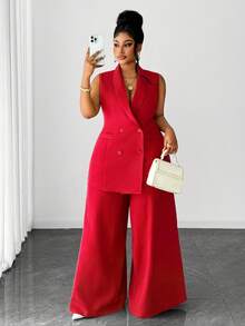 Maweii Plus Size Women Casual Elegant Blazer Jacket And Wide Leg Pants Suit, Suitable For Work Commute, Autumn/Winter - Red - View 1