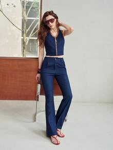 MOTF PREMIUM WOMEN'S CONTRAST TRIM FLARE JEANS - Blue - View 6