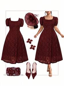 SHEIN Clasi Plus Size Solid Color Lace Square Neck Short Sleeve Dress - Burgundy - View 2